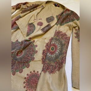 Desigual boho draped open front waterfall  mandala cardigan sweater Size XL